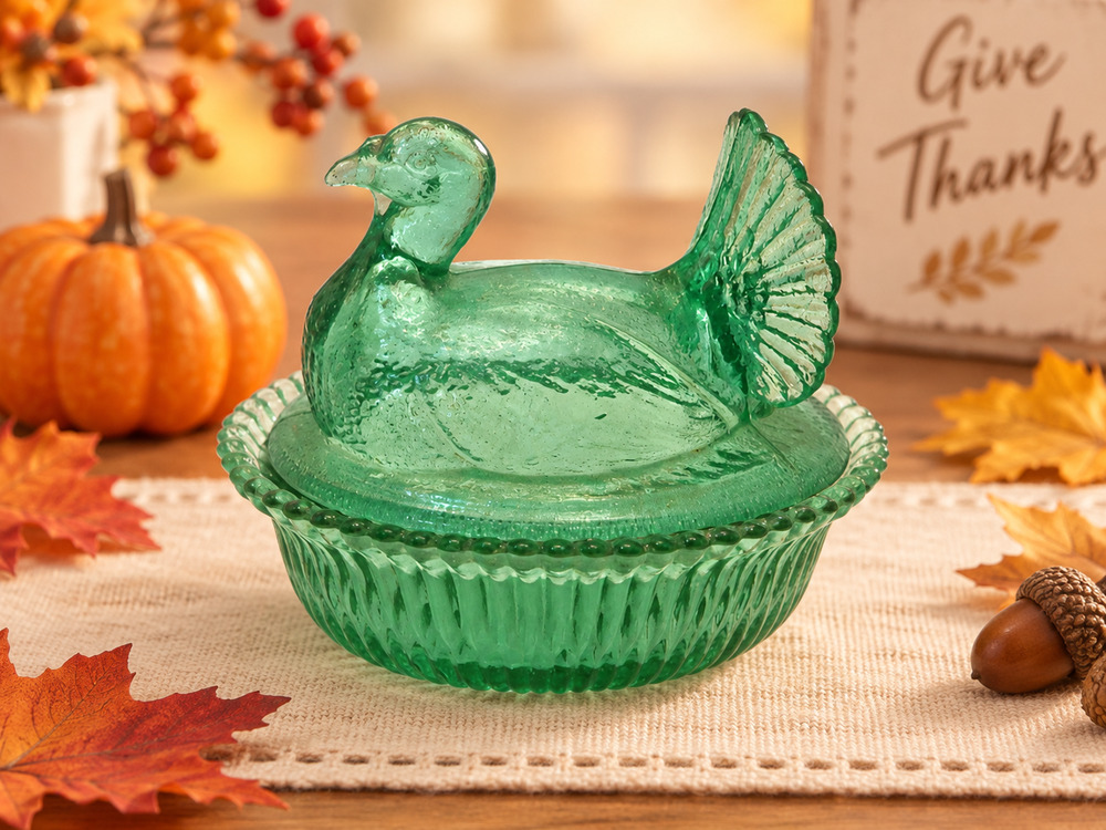 Vintage Kemple Green Glass Turkey on Nest Covered Dish 5.5” Mid Century